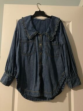 Anthropologie-Pilcro Dark Blue Denim Button-Front Shirt with Ruffle Collar